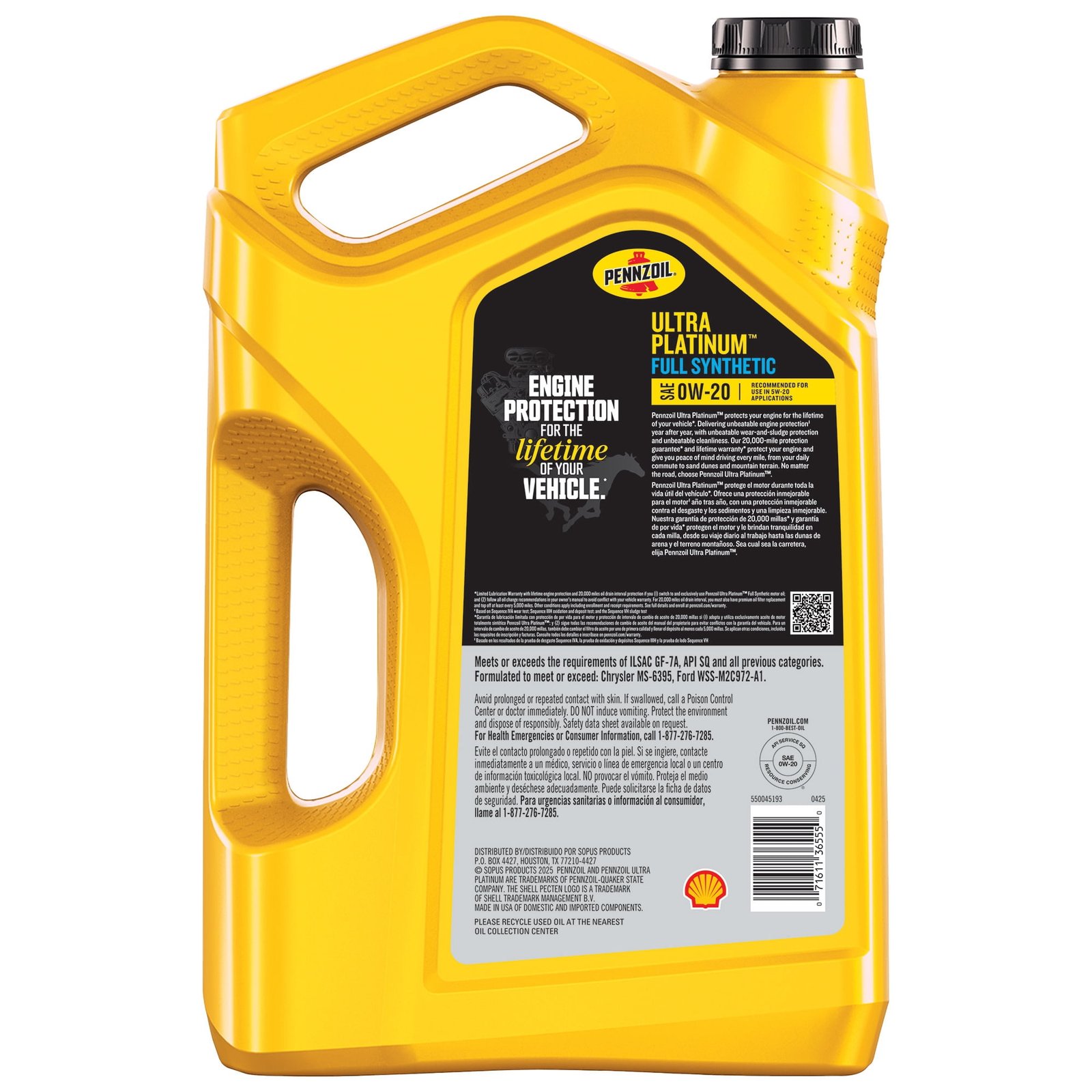 Pennzoil Ultra Platinum Full Synthetic Motor Oil 0W-20, 5 Quart – view 2